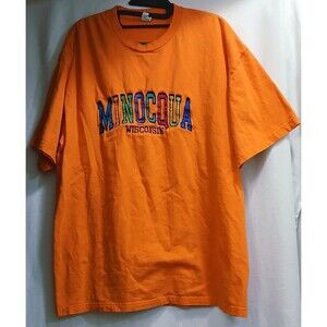 Vintage Minocqua Wisconsin Orange Embroidere Single Stitch Tee Destination EUC